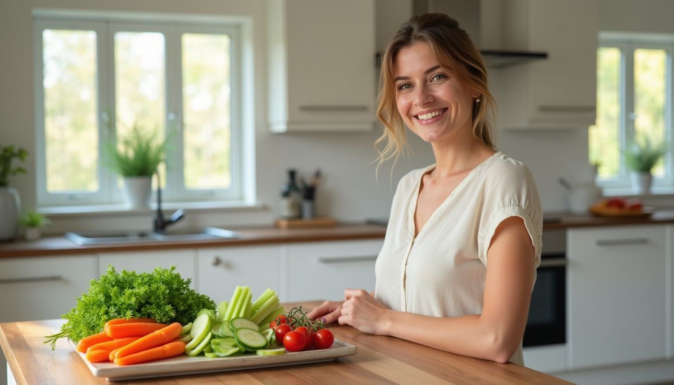 A person enjoying fresh, colorful snacks in a bright kitchen.