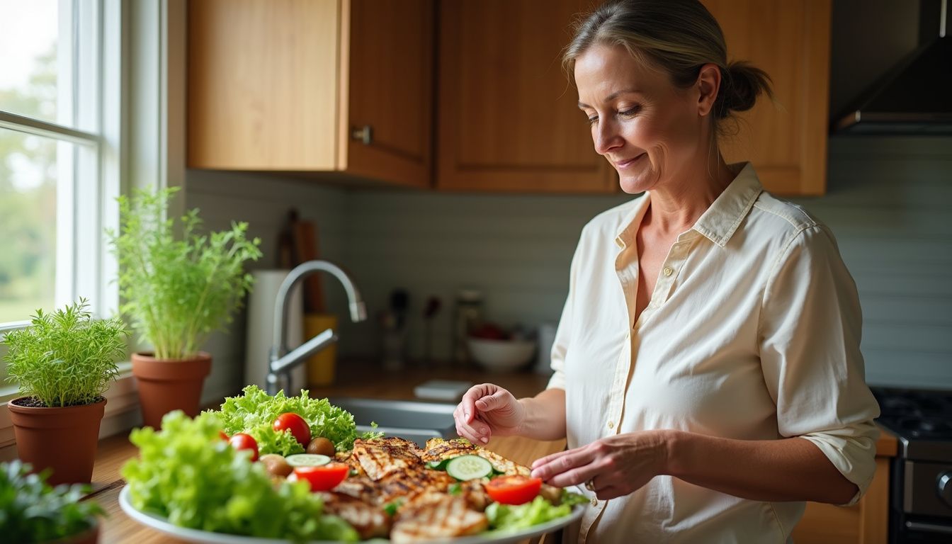 A woman assembles a vibrant salad with leafy greens, eggs, and olive oil.