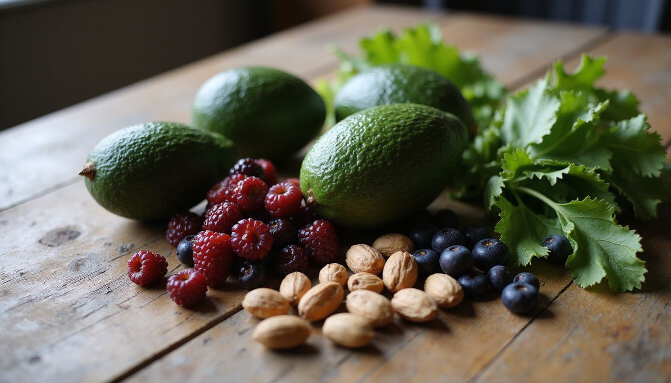 Colorful produce and herbs arranged on a rustic table for healthy cooking.