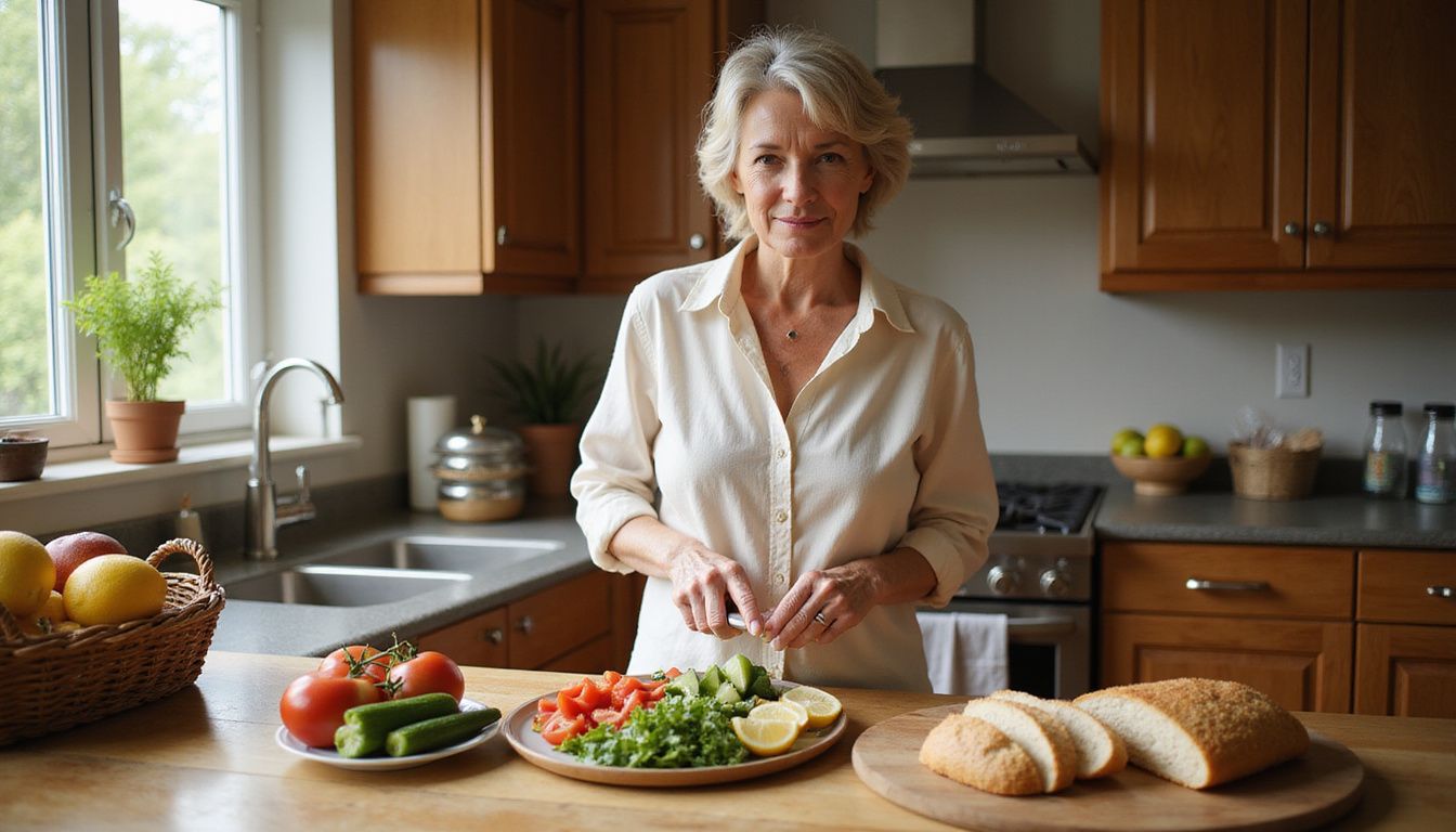 Home cook preparing a bright salad in a warm, tidy kitchen.