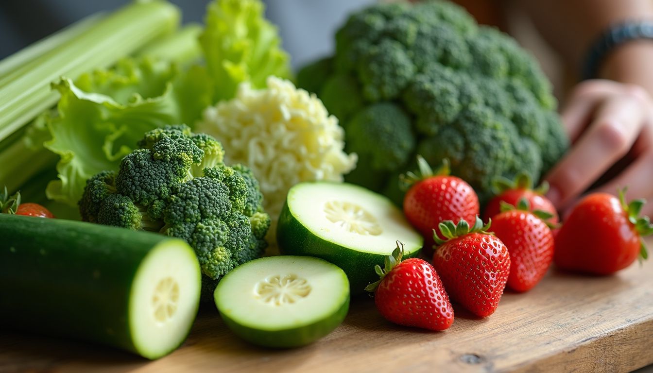 Fresh fruits and vegetables displayed on a table to show low-calorie choices.