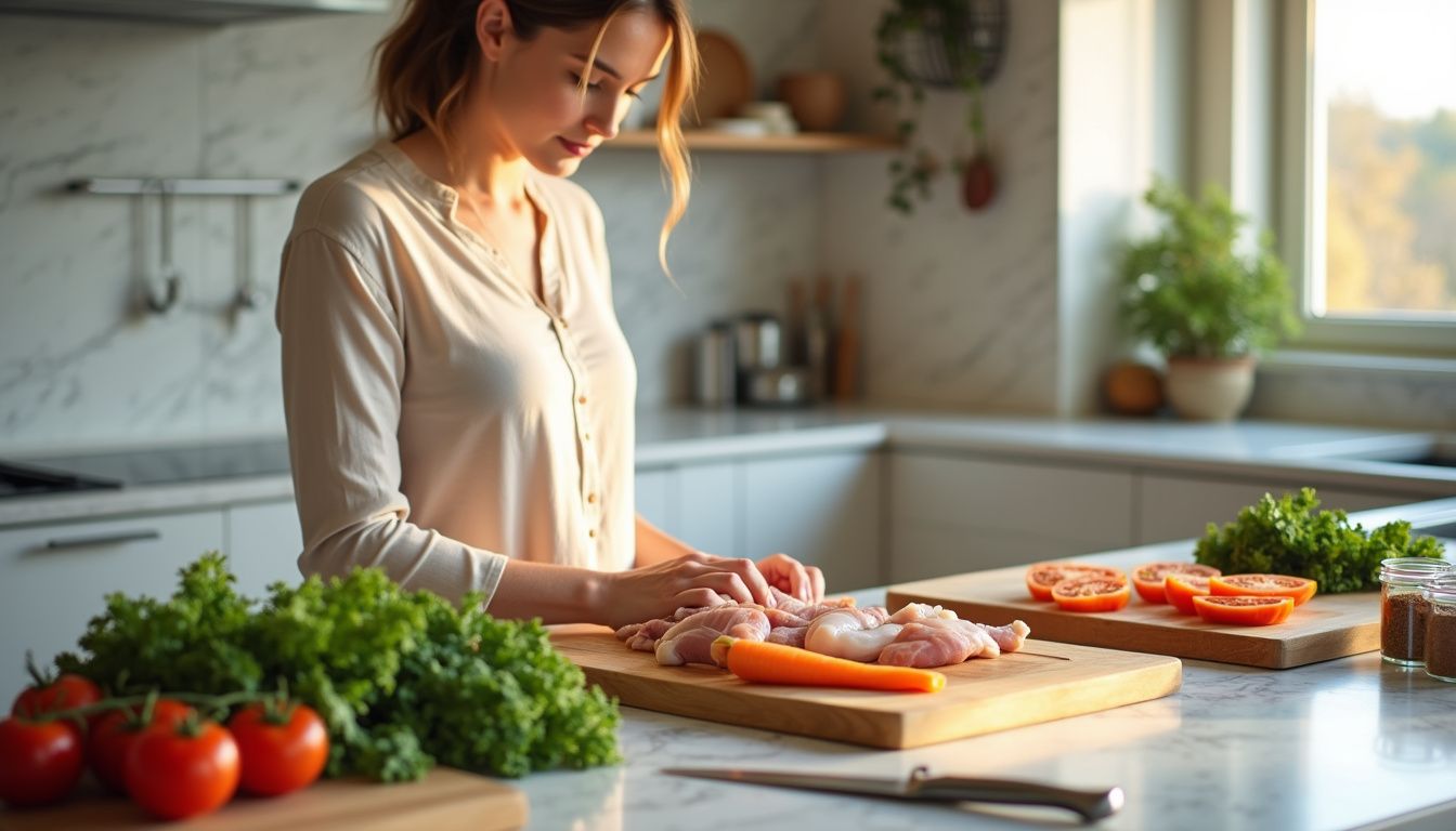 Home cook prepping vegetables and chicken on a modern kitchen island.
