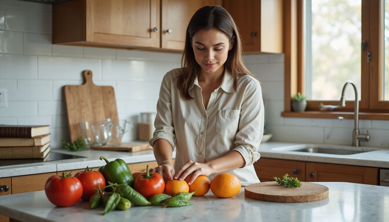 Woman placing fresh fruits and vegetables on a kitchen counter for meal prep.
