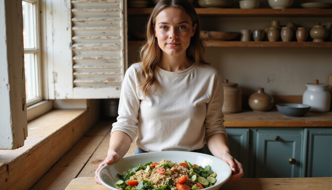 A woman assembling a colorful Mediterranean salad in a rustic kitchen. A woman assembling a colorful Mediterranean salad in a rustic kitchen.