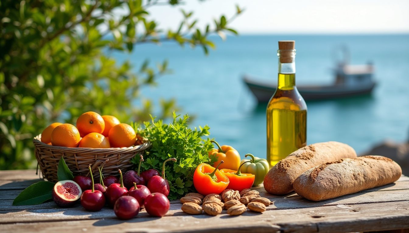 Mediterranean staples like fruits, greens, bread, and fish set on a rustic table with a coastal backdrop.