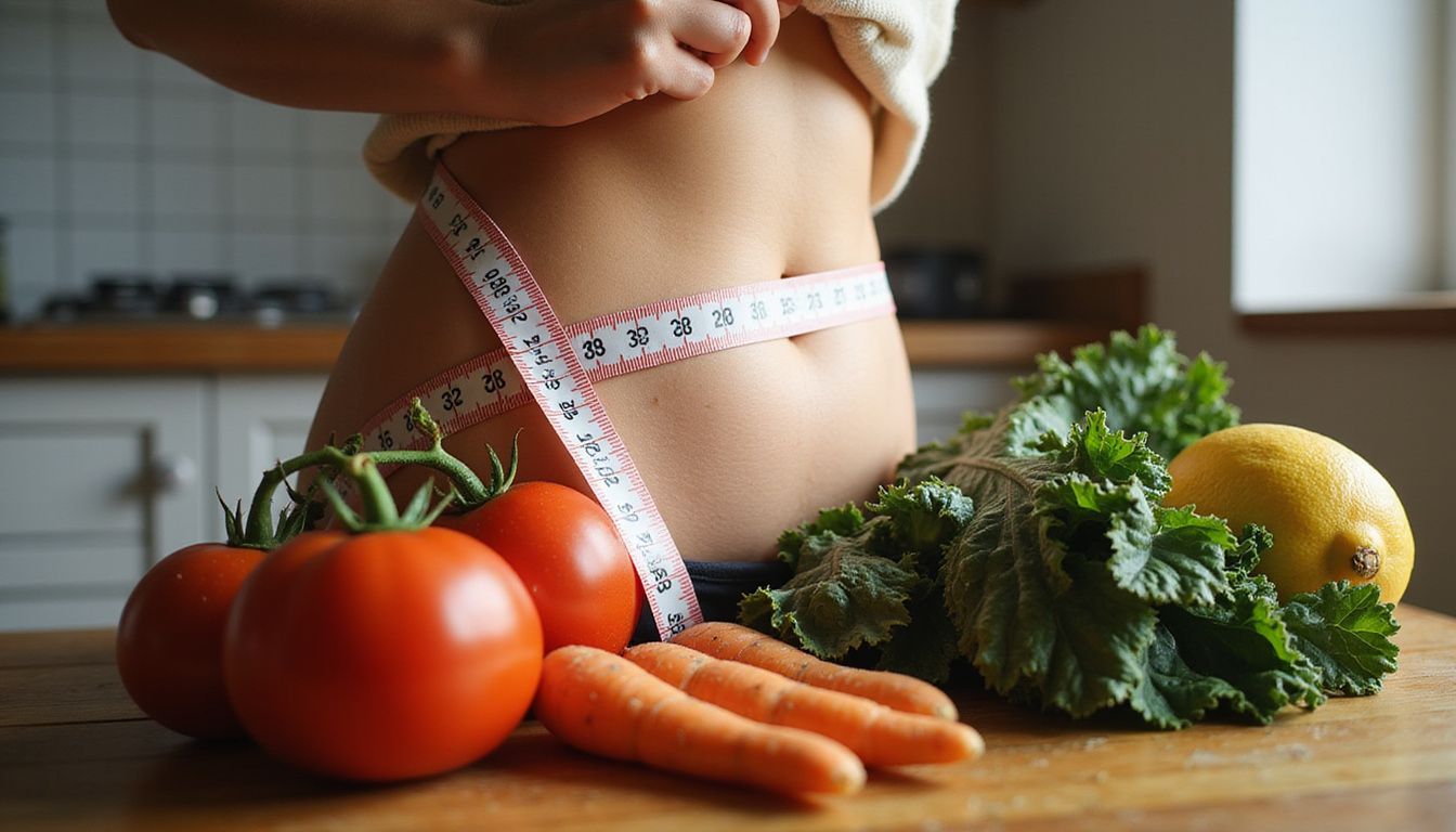 A waist with a measuring tape near fresh produce, symbolizing weight and nutrition in midlife.
