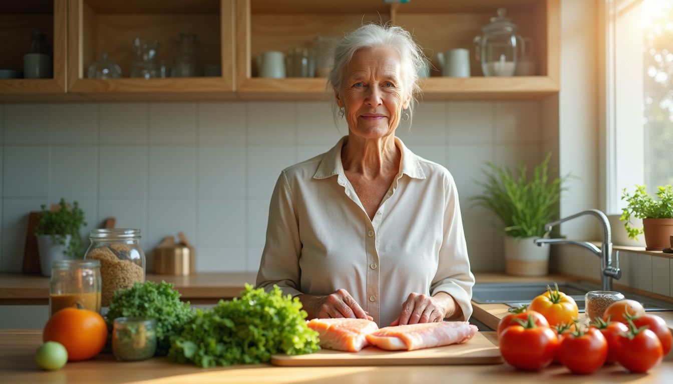 Older adult preparing a colorful, balanced meal in a bright kitchen.