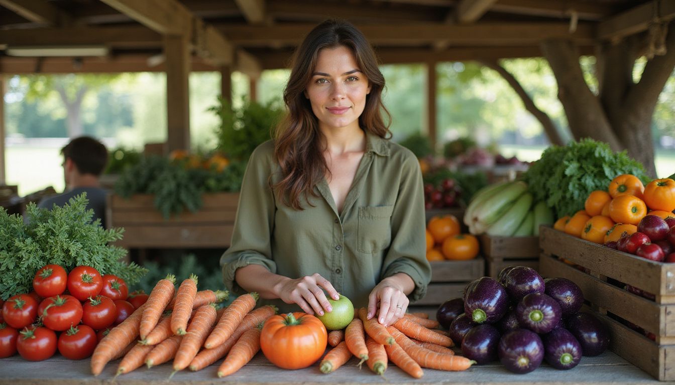 A shopper choosing colorful produce at a local market stall.
