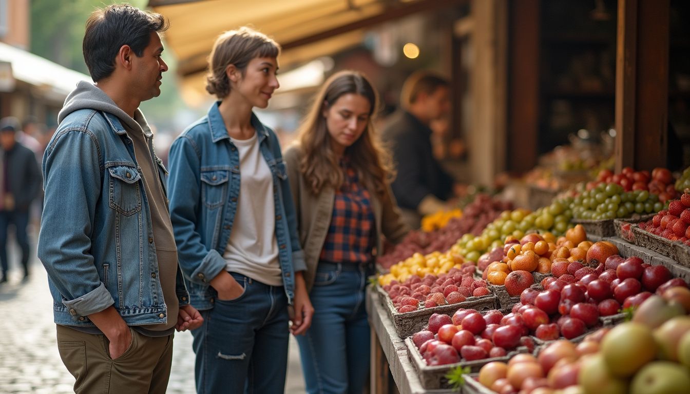 People choosing fresh fruit at an outdoor market, showcasing variety and color.