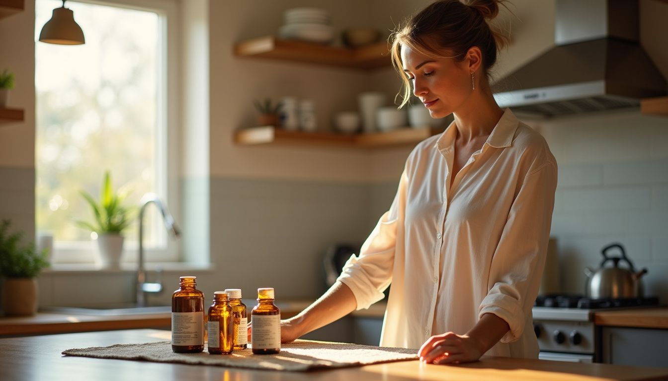 A person reviewing herbal supplements in a kitchen with warm lighting.