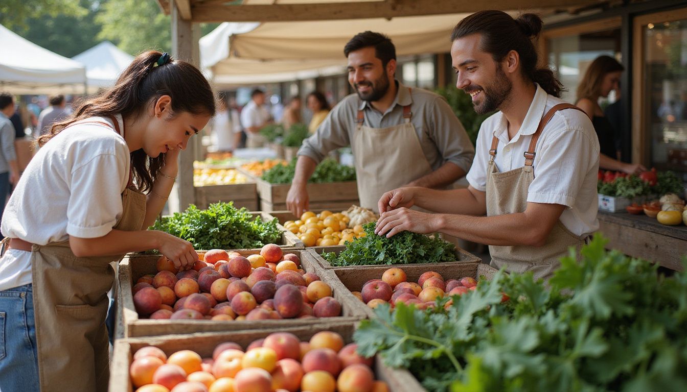 A busy farmers market with fresh produce displayed on tables.