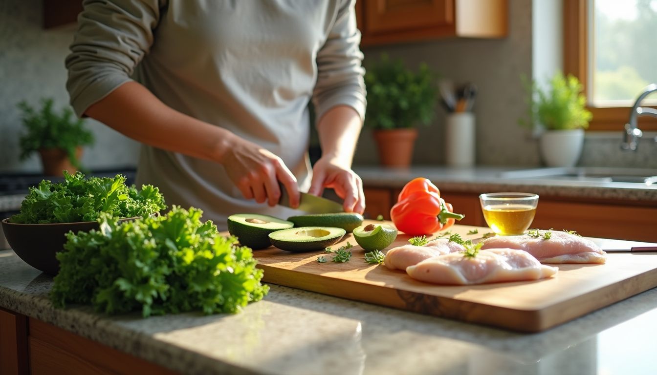 Person preparing a plate with leafy greens and proteins for a low-carb meal.