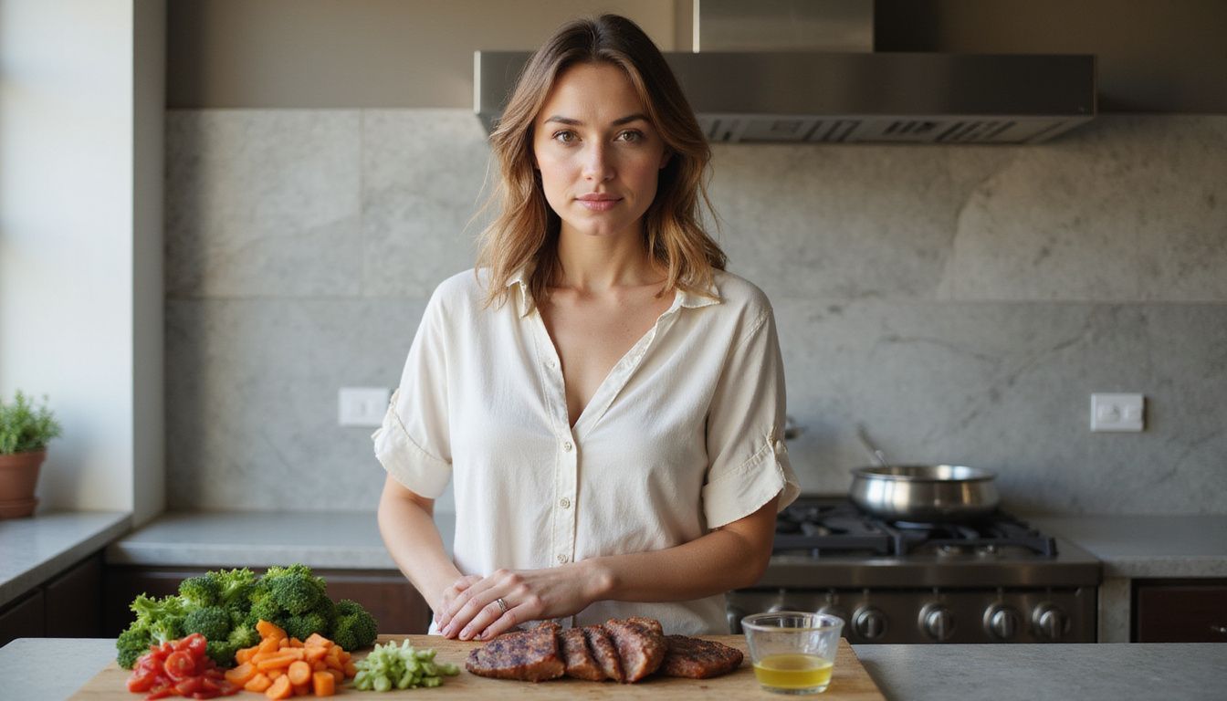 Home cook preparing a skillet of meat and colorful vegetables on a stovetop. Home cook preparing a skillet of meat and colorful vegetables on a stovetop.