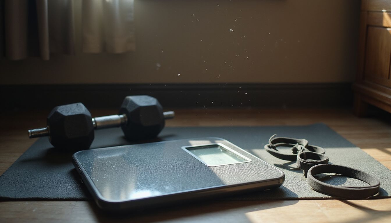 A bathroom scale on a gym mat with simple gear nearby.