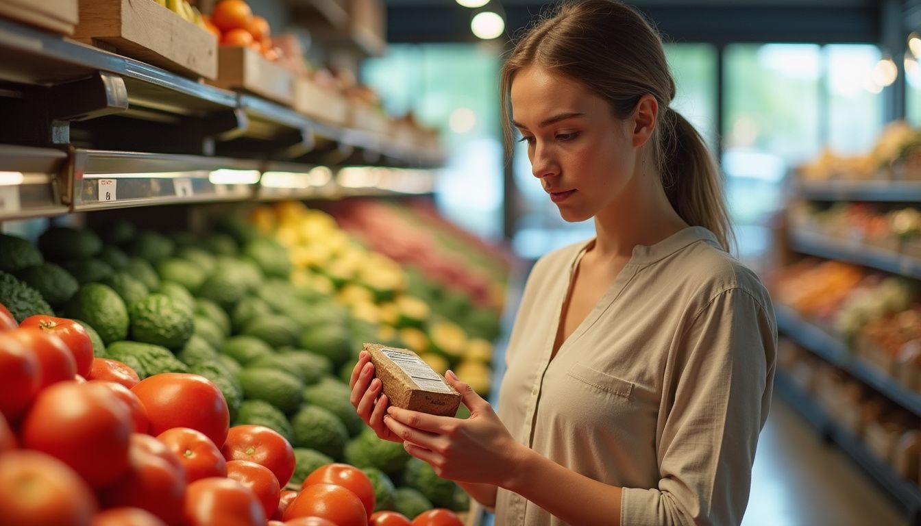A shopper comparing a nutrition label to pick a healthier option.
