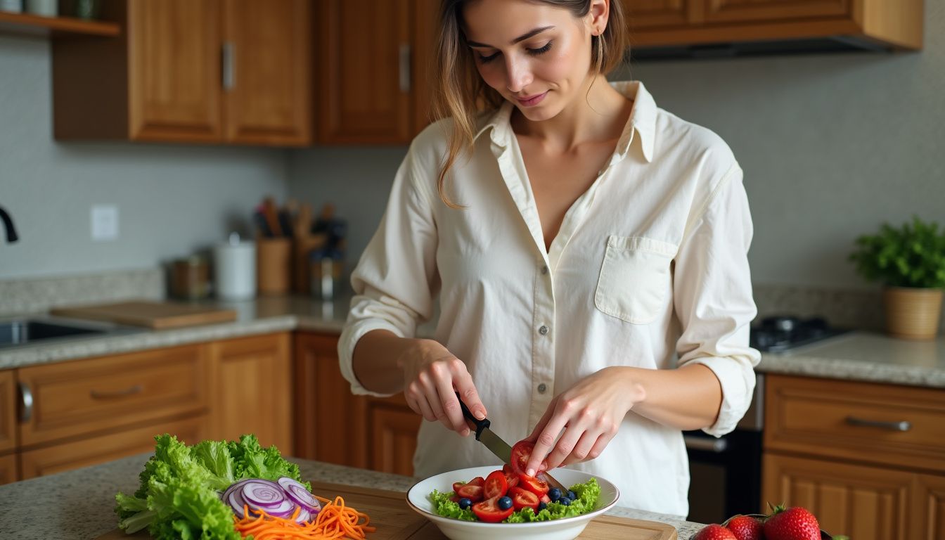 A home cook builds a colorful salad with fresh vegetables on a wooden counter.