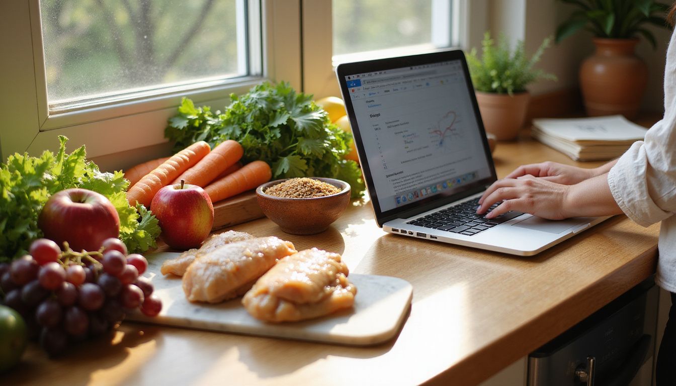Kitchen counter with fresh produce, measuring cups, and a nutrition notebook.
