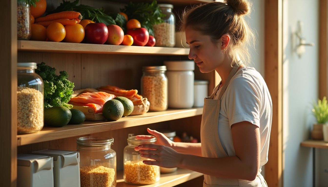 Well-organized pantry with fresh produce, grains, and canned staples arranged by food group.