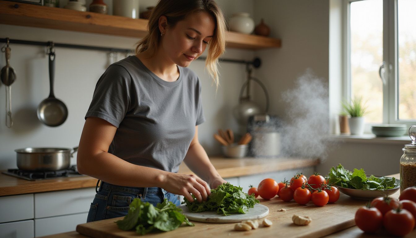 Home cook preparing fresh vegetables and whole grains in a cozy kitchen.
