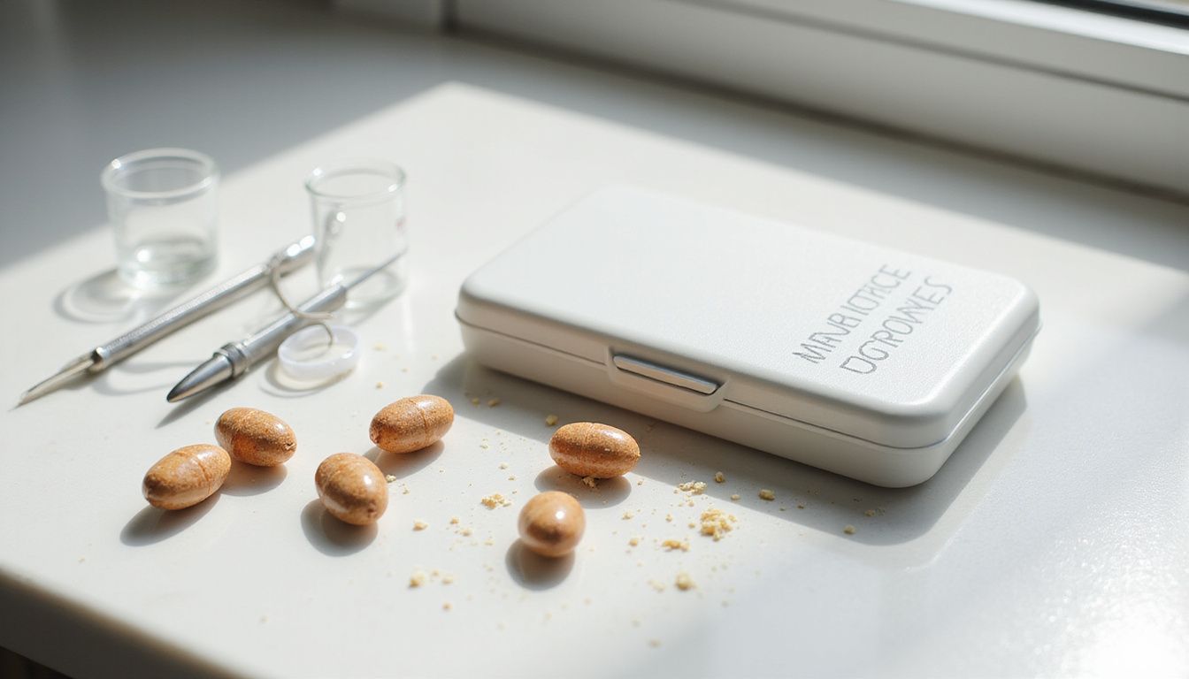 Precision nutrition blood test kit with vitamin capsules, lancets, and instructions.