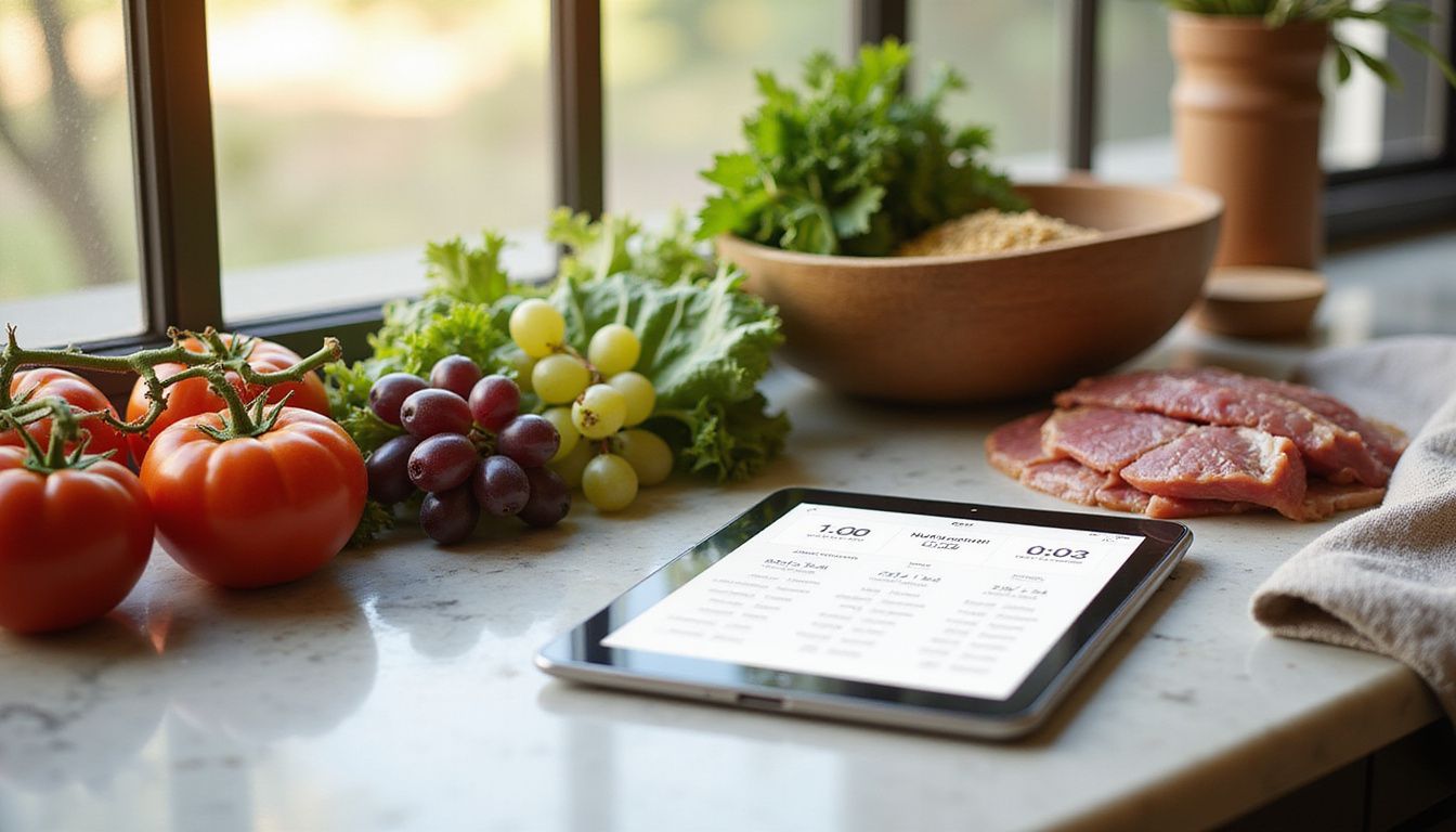 Kitchen counter with fresh produce and a tablet showing a recipe.