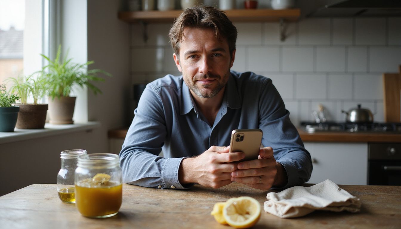 A man reviews a nutrition app at a cluttered kitchen table. A man reviews a nutrition app at a cluttered kitchen table.