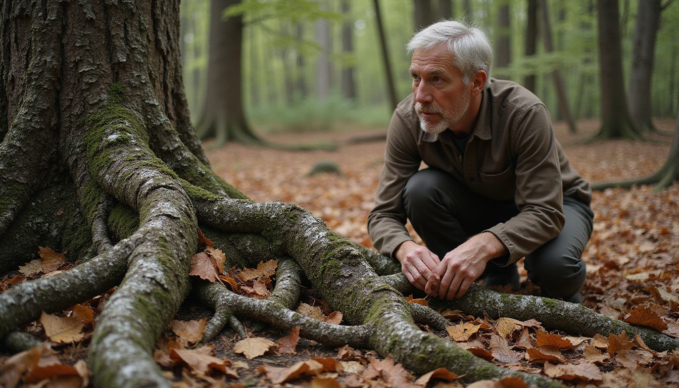 A person explores a forest floor rich with leaves and fungi, showing active decay.