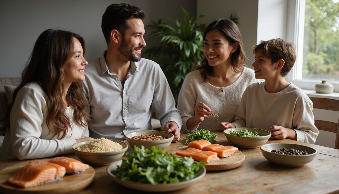 Family sharing a balanced, home-cooked meal around a wooden table.