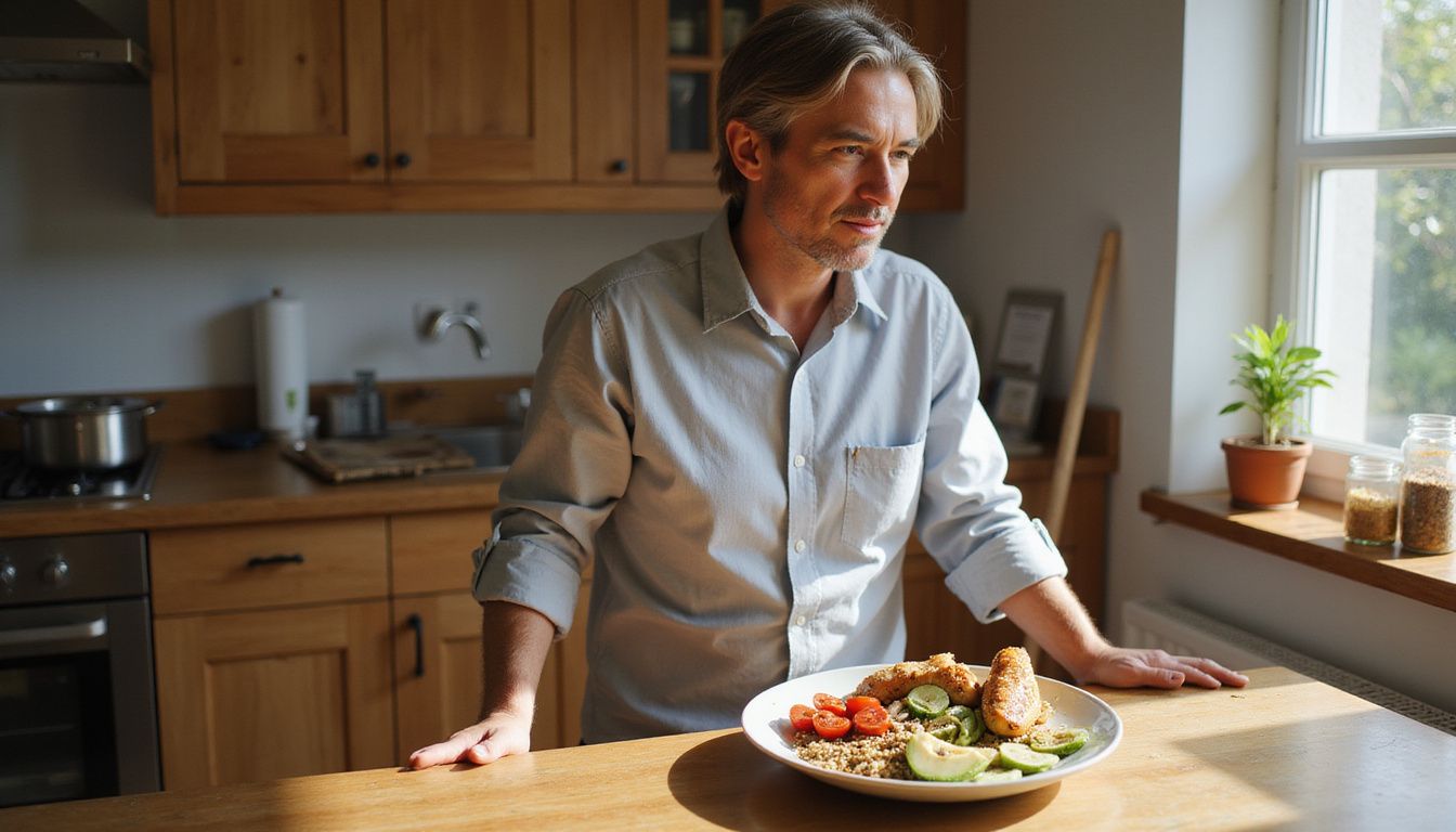 Home cook assembling a bright salad with grains, vegetables, and lean protein.