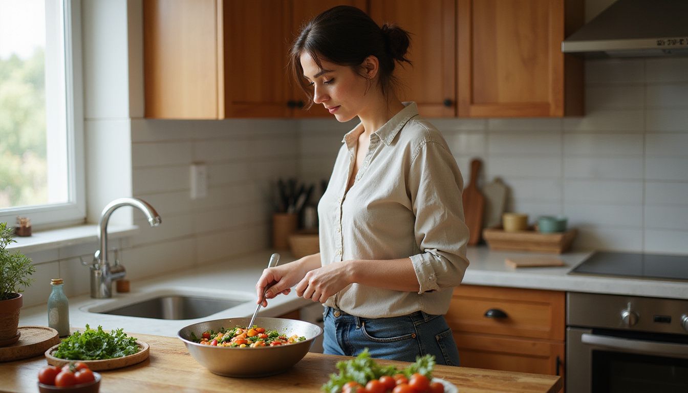 A home cook sautéing fresh vegetables on a stove.