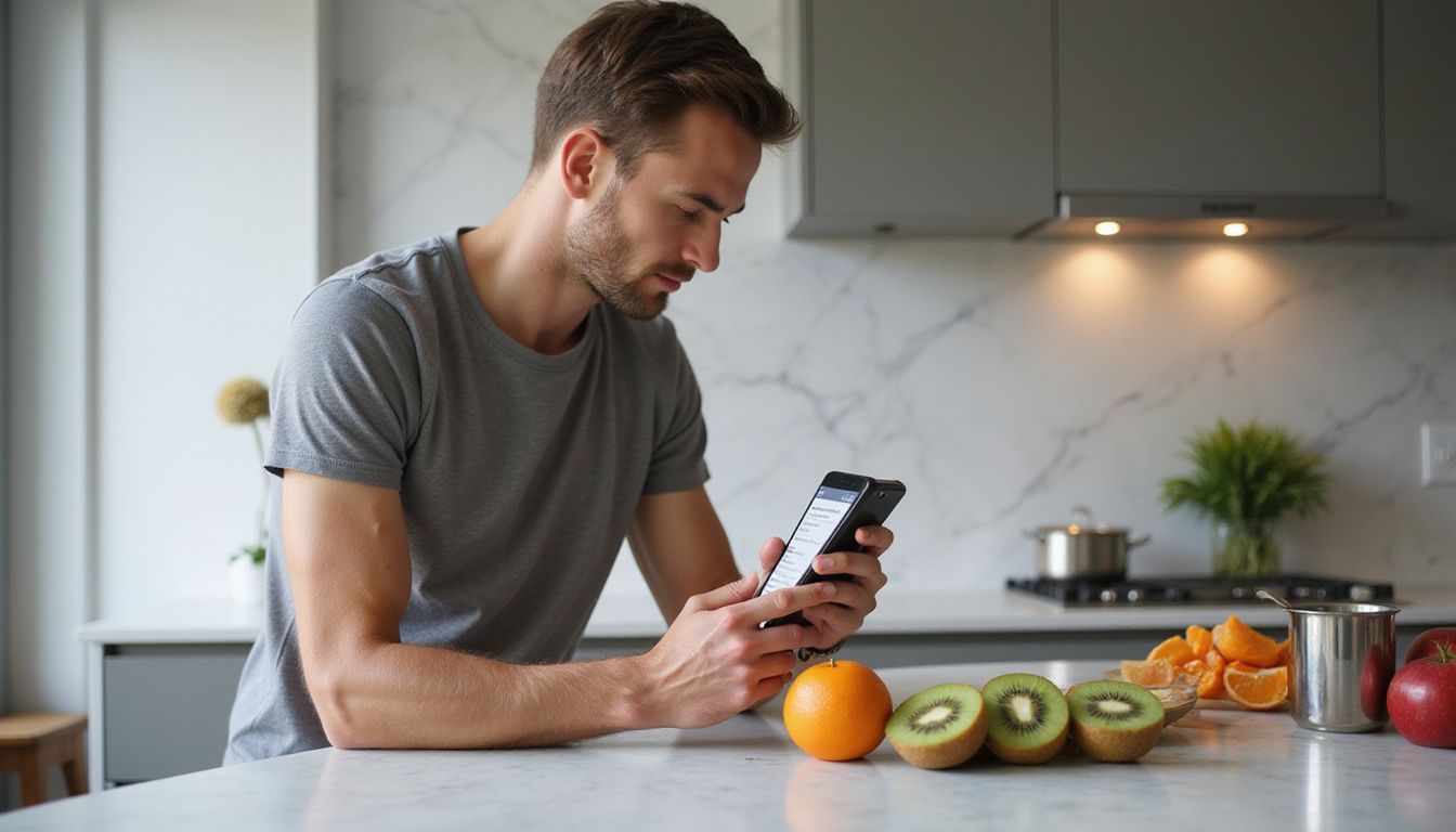 A person checks nutrition facts on a smartphone while cooking in a bright kitchen.