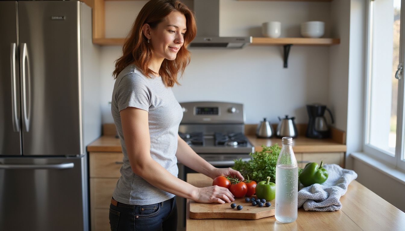 Woman chopping vegetables at a bright kitchen counter to prepare a nutritious meal.