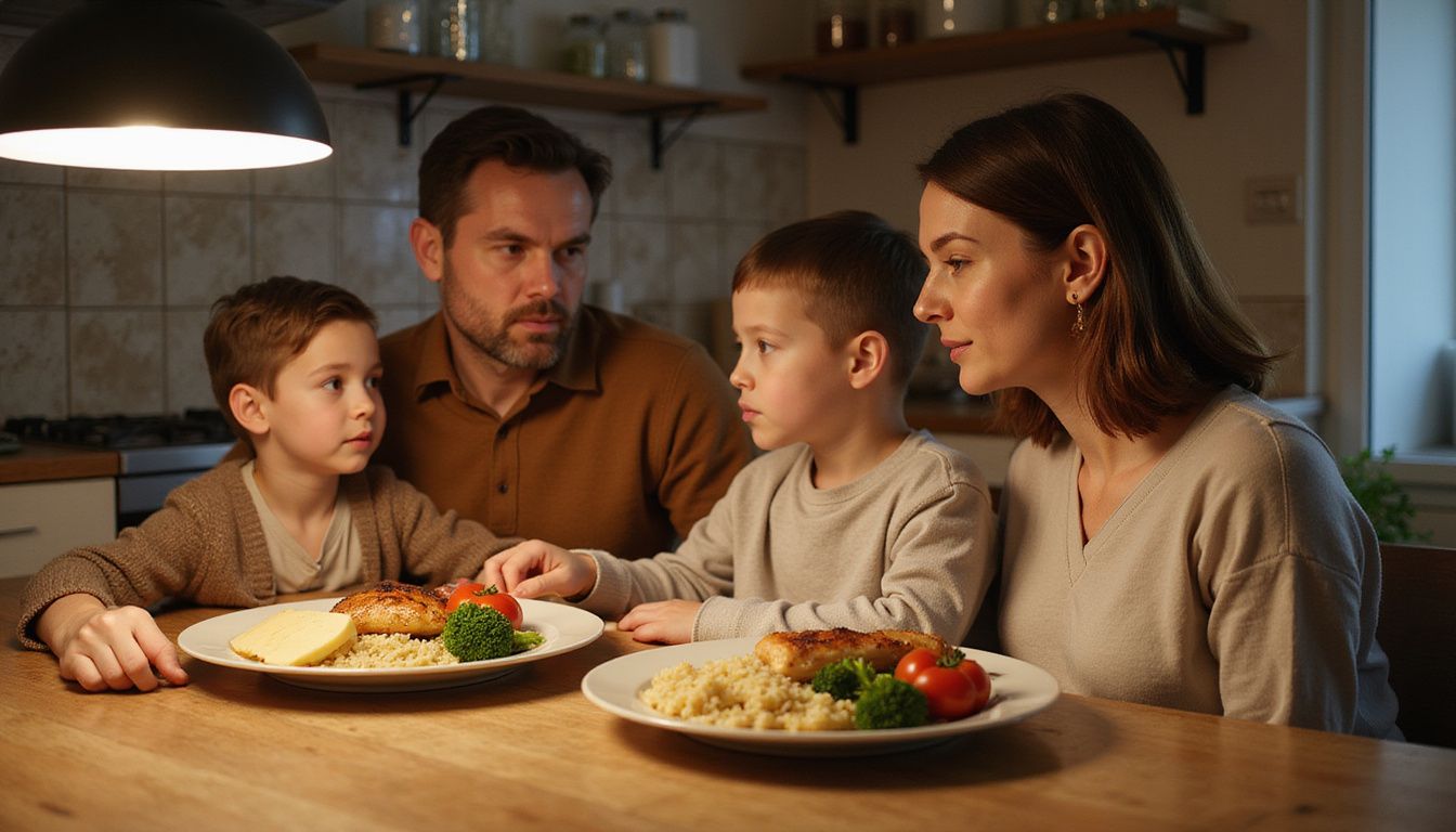 A family shares a cozy, balanced dinner at home.