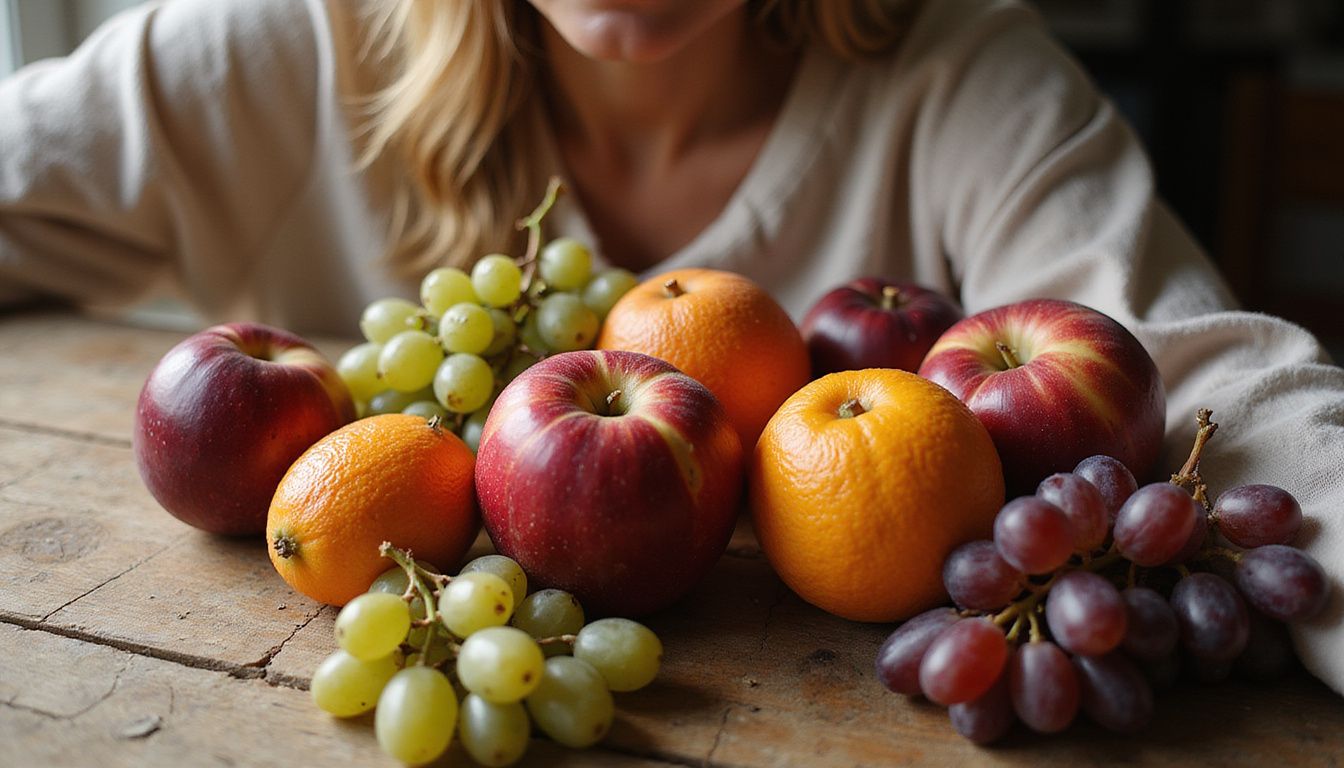Colorful fresh fruit arranged on a rustic wooden table, ready to eat.