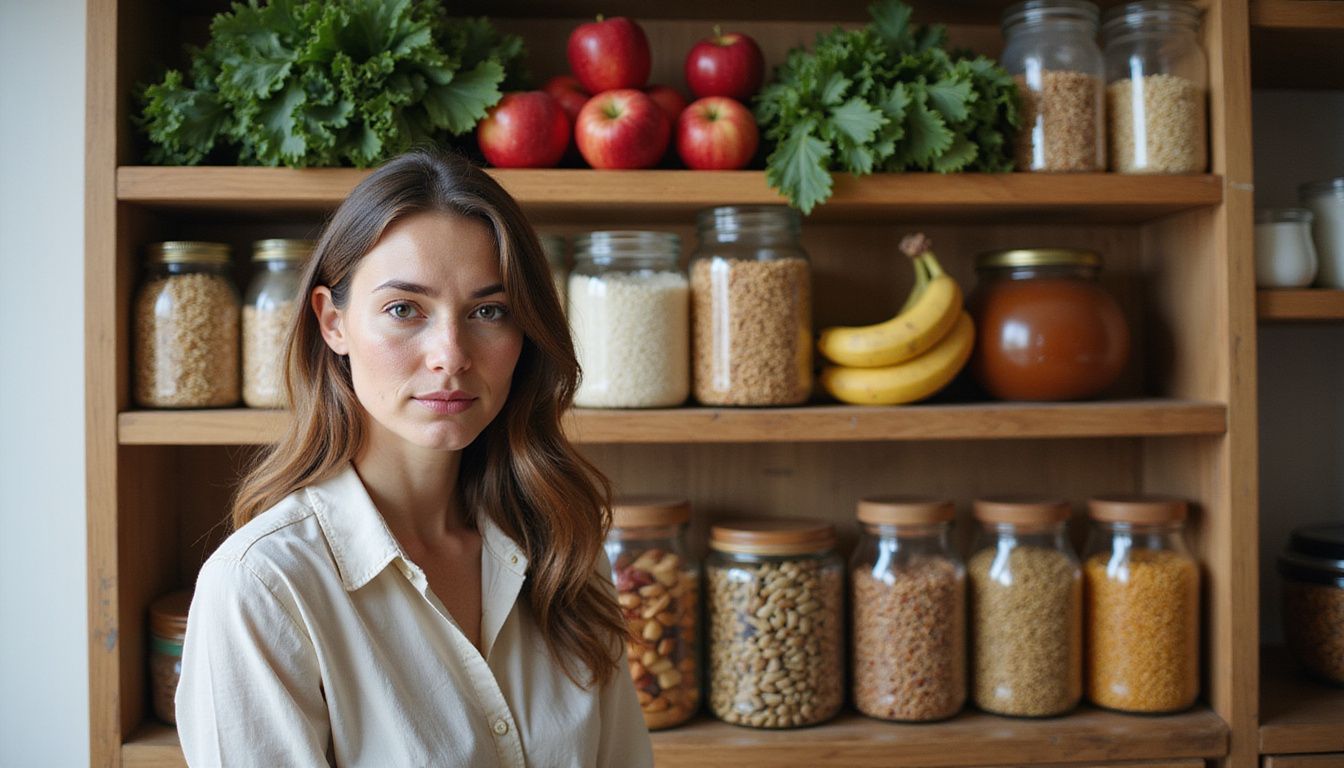 Organized kitchen pantry with fresh produce and staples that support a balanced diet.