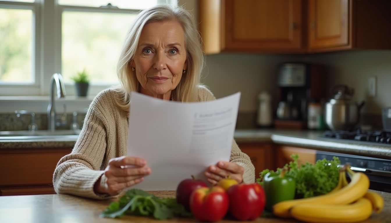 A woman at a kitchen table reviewing a printout of the Dietary Guidelines for Americans.