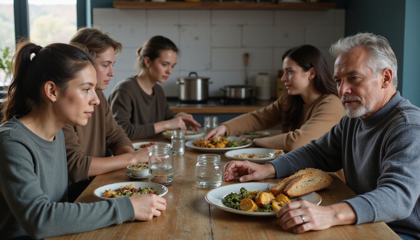 Friends sharing a healthy meal around a kitchen table