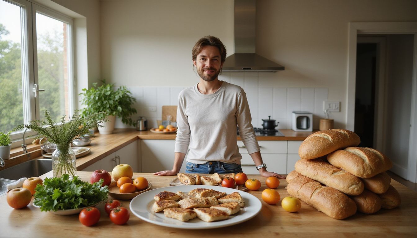 Person preparing whole foods like vegetables, grains, and proteins in a bright kitchen