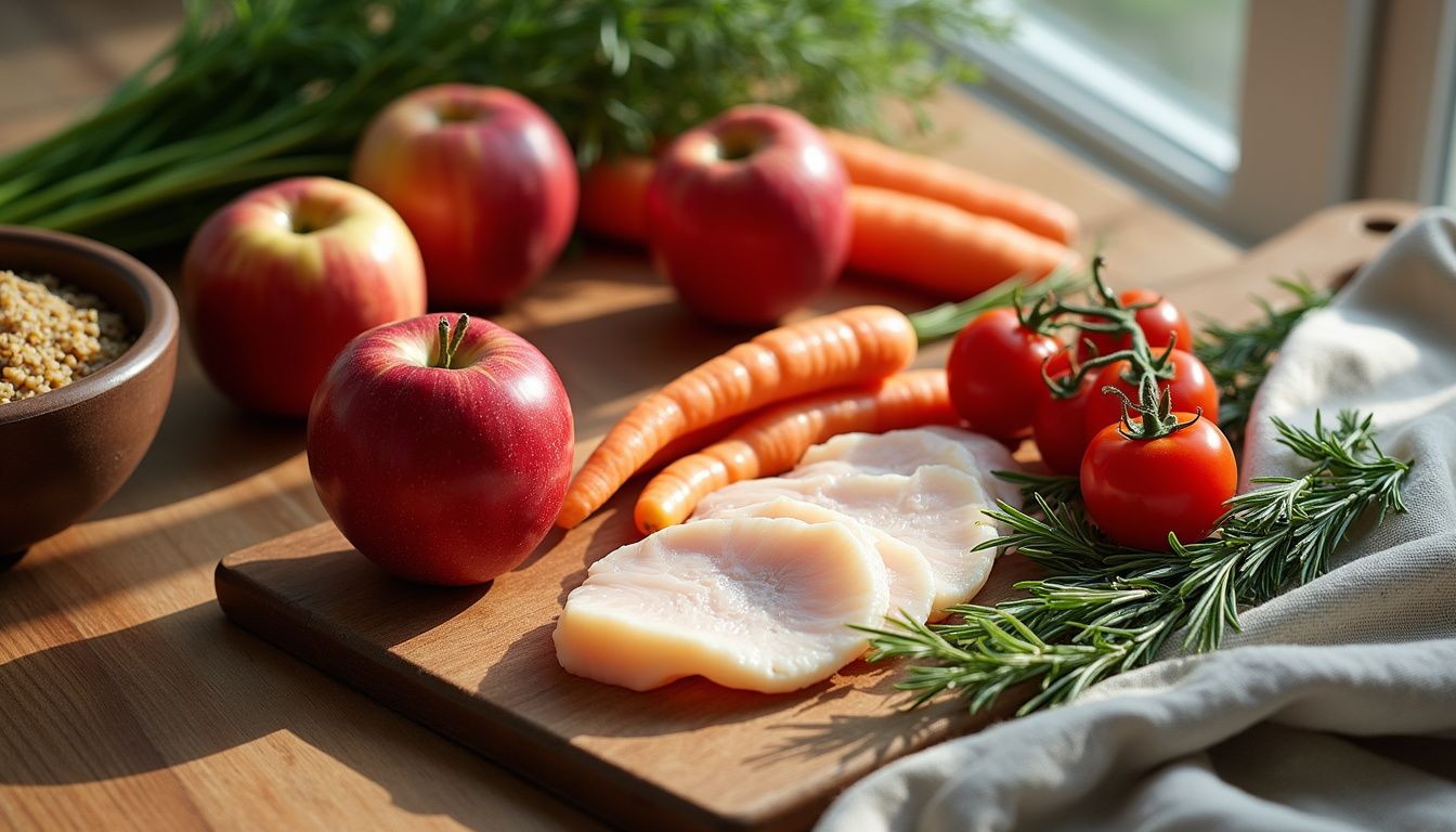 Kitchen table with colorful produce, cooked grains, and grilled chicken ready for a meal.