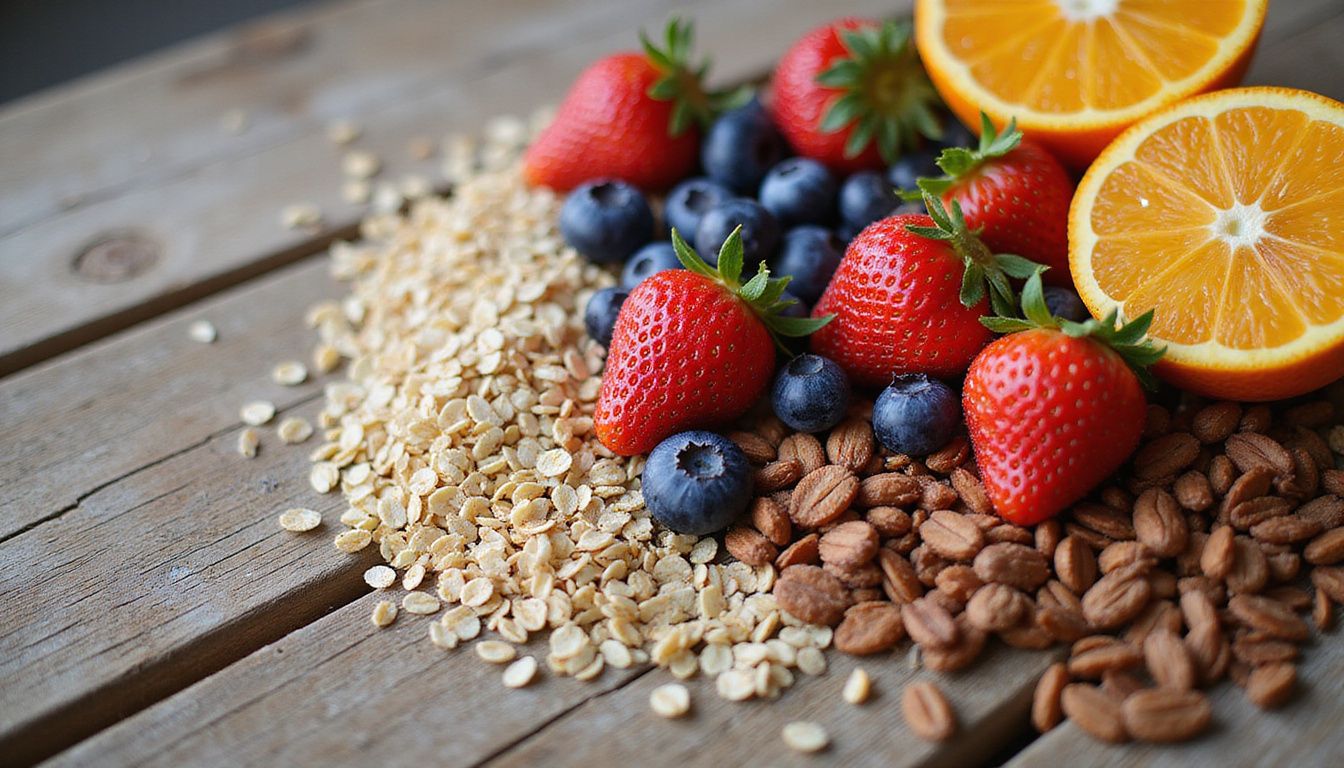 Whole grains and fresh fruit displayed on a wooden surface.