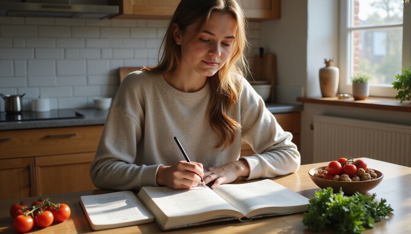 Student reviewing nutrition notes at a kitchen table with common ingredients.