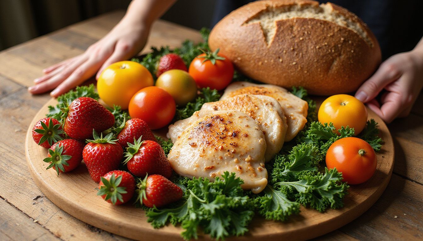 Fresh produce and cooked chicken arranged on a wooden table for a balanced meal.