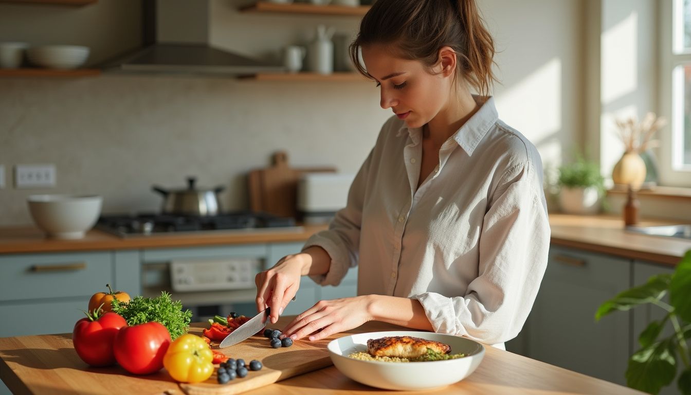 Runner preparing a simple, balanced meal in a calm kitchen setting.