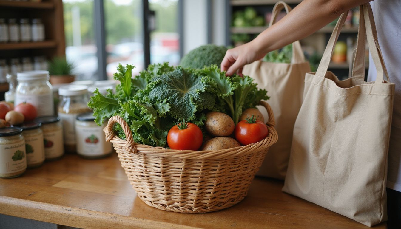 A basket filled with colorful organic fruits and vegetables on a counter.