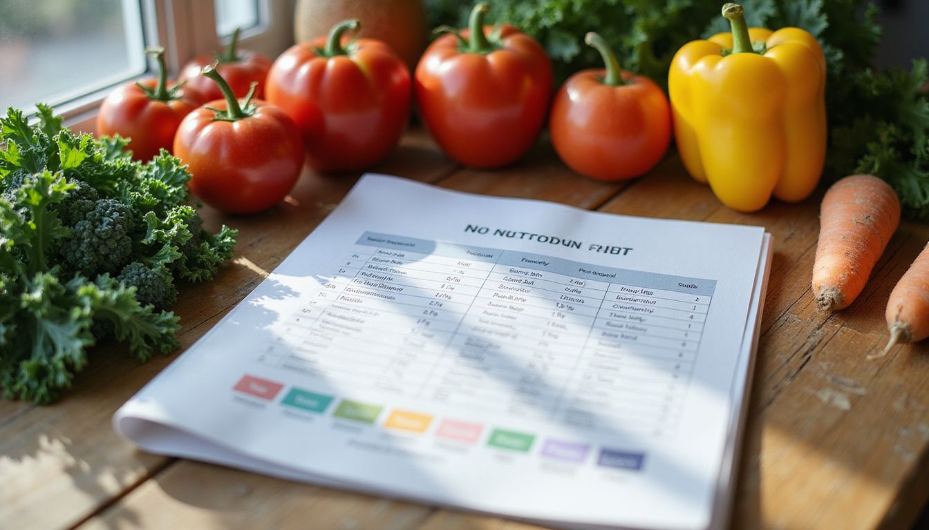 Nutrition chart with fruits and vegetables on a wooden table.