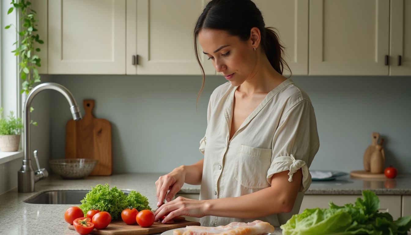 A person chopping vegetables in a clean, well-lit kitchen.
