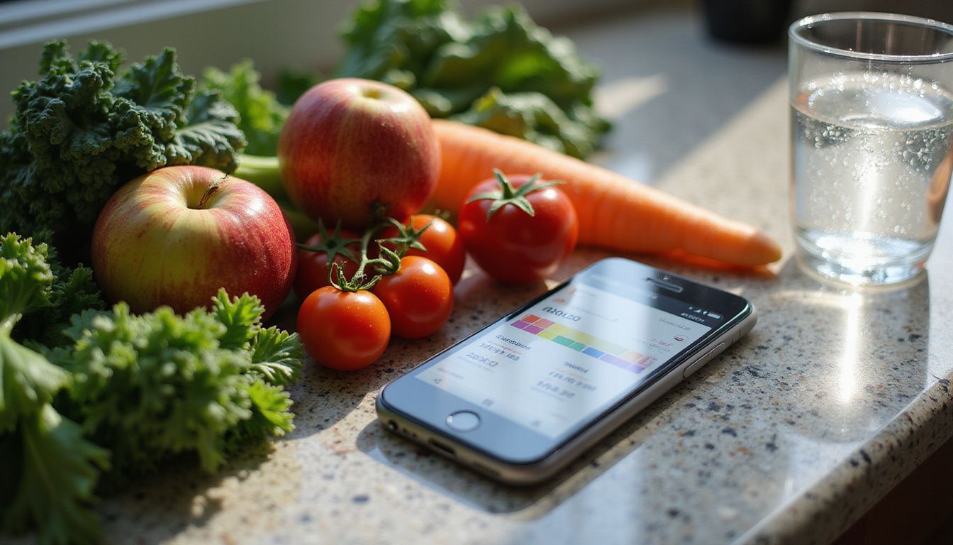 Smartphone calorie counter app displayed beside fresh fruits and vegetables.