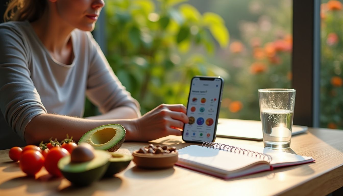 A person logging a healthy breakfast and coffee while seated at a kitchen table.