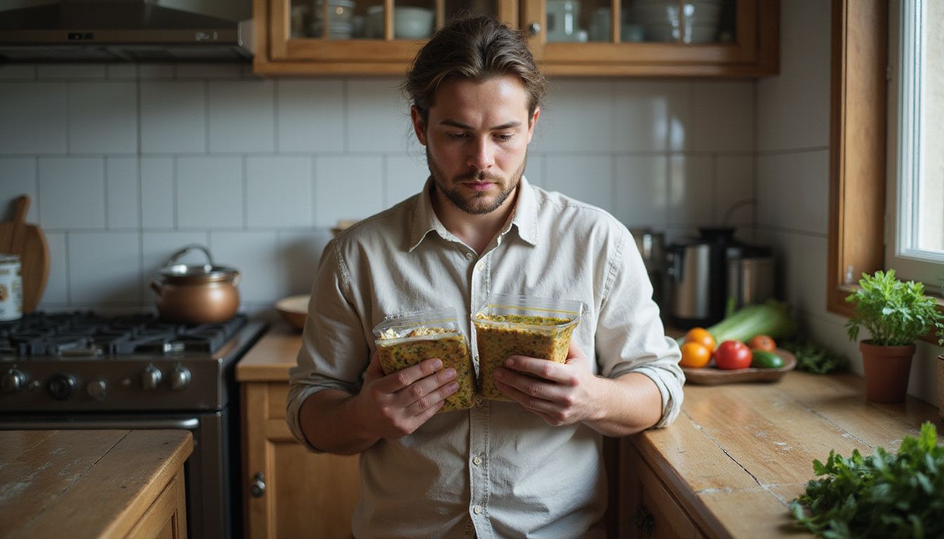 A person comparing nutrition labels on groceries in a warm, home kitchen.