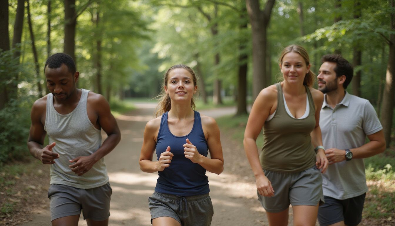 Adults walking and stretching in a park to support healthy living.